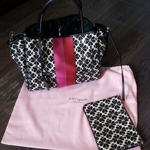 kate spade Black And White Patterned Fabric Tote with Silver Hardware